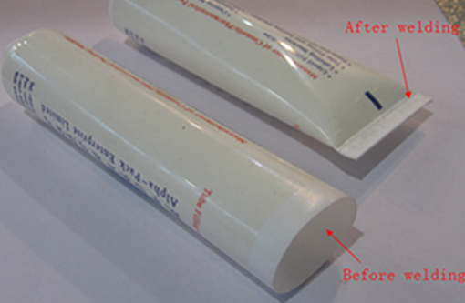 welding samples by ultrasonic tube sealer عينات اللحام بواسطة آلة سد الأنابيب بالموجات فوق الصوتية.jpg